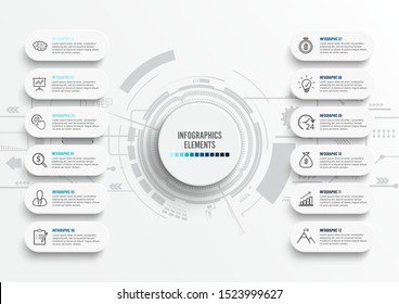 Vector infographic template with 3D paper label, integrated circles. Business concept with 12 options. For content, diagram, flowchart, steps, parts, timeline infographics, workflow, chart.