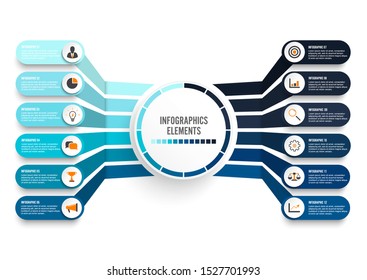 Vector infographic template with 3D paper label, integrated circles. Business concept with 12 options. For content, diagram, flowchart, steps, parts, timeline infographics, workflow, chart.