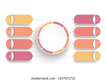 Vector infographic template with 3D paper label, integrated circles. Business concept with 8 options. For content, diagram, flowchart, steps, parts, timeline infographics, workflow, chart.