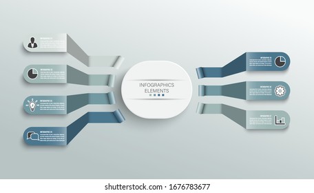 Vector infographic template with 3D paper label, integrated circles. Business concept with 7 options. For content, diagram, flowchart, steps, parts, timeline infographics, workflow, chart.