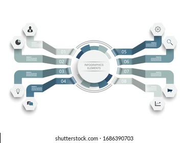 Plantilla de infografía vectorial con etiqueta de papel 3D, círculos integrados. Concepto de negocio con 8 opciones. Para contenido, diagrama, diagrama de flujo, pasos, piezas, infografías de línea de tiempo, flujo de trabajo, gráfico.