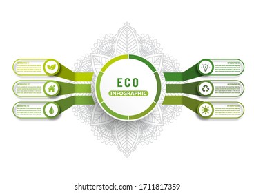 Vector infographic template with 3D paper label, Modern green ecology design layout infographics 6 options. Template for brochure, business, web design.