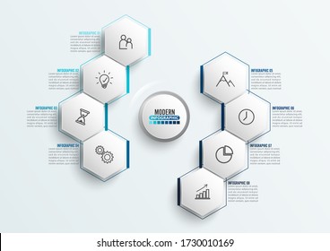 Plantilla de infografía vectorial con etiqueta de papel 3D, círculos integrados. Concepto de negocio con 8 opciones. Para contenido, diagrama, diagrama de flujo, pasos, partes, infografía de línea de tiempo, flujo de trabajo, gráfico. 