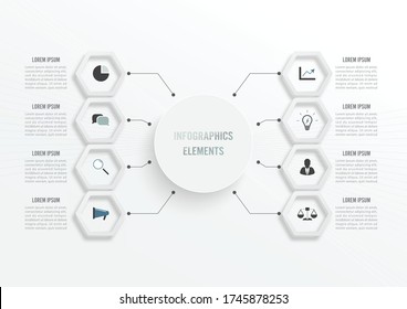 Vector infographic template with 3D paper label, integrated circles. Business concept with 8 options. For content, diagram, flowchart, steps, parts, timeline infographics, workflow, chart.