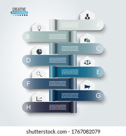 Vector infographic template with 3D paper label, integrated circles. Business concept with 8 options. For content, diagram, flowchart, steps, parts, timeline infographics, workflow, chart.