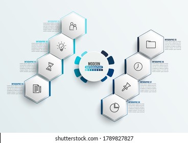 Plantilla de infografía vectorial con etiqueta de papel 3D, círculos integrados. Concepto de negocio con 8 opciones. Para contenido, diagrama, diagrama de flujo, pasos, partes, infografía de línea de tiempo, flujo de trabajo, gráfico. 
