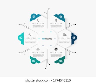Plantilla de infografía vectorial con etiqueta de papel 3D, hexágono integrado. Concepto de negocio con 6 opciones. Para contenido, diagrama, diagrama de flujo, pasos, partes, infografía de línea de tiempo, flujo de trabajo, gráfico.