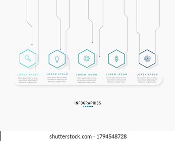 Vector infographic template with 3D paper label, integrated hexagon. Business concept with 5 options. For content, diagram, flowchart, steps, parts, timeline infographics, workflow, chart.