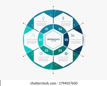 Plantilla de infografía vectorial con etiqueta de papel 3D, hexágono integrado. Concepto de negocio con 6 opciones. Para contenido, diagrama, diagrama de flujo, pasos, partes, infografía de línea de tiempo, flujo de trabajo, gráfico.