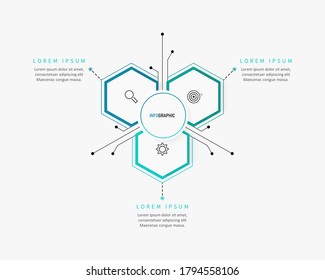 Plantilla de infografía vectorial con etiqueta de papel 3D, hexágono integrado. Concepto de negocio con 3 opciones. Para contenido, diagrama, diagrama de flujo, pasos, partes, infografía de línea de tiempo, flujo de trabajo, gráfico.