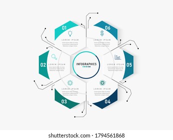 Vector infographic template with 3D paper label, integrated hexagon. Business concept with 6 options. For content, diagram, flowchart, steps, parts, timeline infographics, workflow, chart.