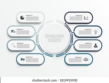 Vector infographic template with 3D paper label, integrated circles. Business concept with 8 options. For content, diagram, flowchart, steps, parts, timeline infographics, workflow, chart.