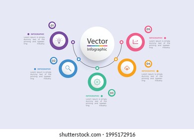 Vektorgrafik-Vorlage mit 3D-Papieretikett, integrierte Kreise. Geschäftskonzept mit 5 Optionen. Für Inhalt, Diagramm, Flussdiagramm, Schritte, Teile, Timeline-Infografiken.