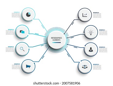 Vector infographic template with 3D paper label, integrated circles. Business concept with 8 options. For content, diagram, flowchart, steps, parts, timeline infographics, workflow, chart.