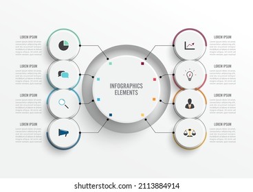 Vector infographic template with 3D paper label, integrated circles. Business concept with 8 options. For content, diagram, flowchart, steps, parts, timeline infographics, workflow, chart.