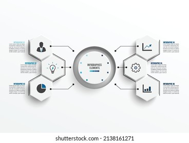 Vector infographic template with 3D paper label, integrated circles. Business concept with 6 options. For content, diagram, flowchart, steps, parts, timeline infographics, workflow, chart.