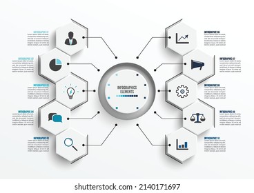 Vector infographic template with 3D paper label, integrated circles. Business concept with 10 options. For content, diagram, flowchart, steps, parts, timeline infographics, workflow, chart.