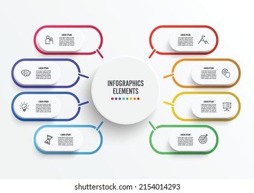 Vector infographic template with 3D paper label, integrated circles. Business concept with 8 options. For content, diagram, flowchart, steps, parts, timeline infographics, workflow, chart.