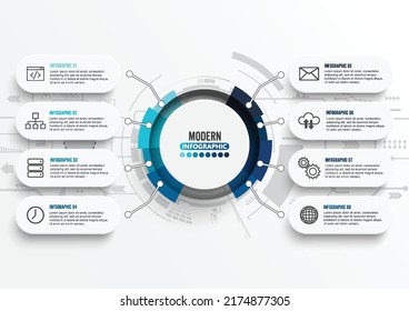 Vector infographic template with 3D paper label, integrated circles. Technology concept with 8 options. For content, diagram, flowchart, steps, parts, timeline infographics, workflow, chart.