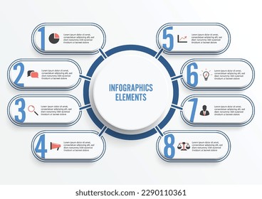 Vector infographic template with 3D paper label, integrated circles. Business concept with 8 options. For content, diagram, flowchart, steps, parts, timeline infographics, workflow, chart.