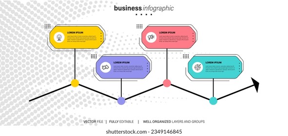 Vektorgrafik-Vorlage mit 3D-Papieretikett, integrierte Kreise. Geschäftskonzept mit 4 Optionen. Für Inhalt, Diagramm, Ablaufdiagramm, Schritte, Teile, Timeline-Infografiken, Workflow, Diagramm.
