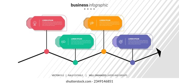 Vector infographic template with 3D paper label, integrated circles. Business concept with 4 options. For content, diagram, flowchart, steps, parts, timeline infographics, workflow, chart.
