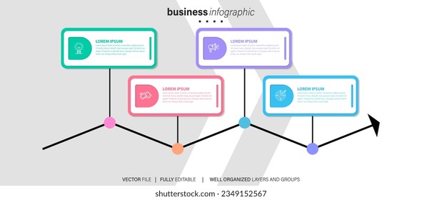 Vector infographic template with 3D paper label, integrated circles. Business concept with 4 options. For content, diagram, flowchart, steps, parts, timeline infographics, workflow, chart.
