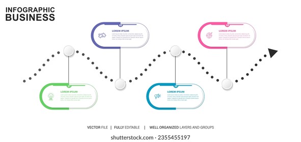 Vector infographic template with 3D paper label, integrated button. Business concept with 4 options. For content, diagram, flowchart, steps, parts, timeline infographics, workflow, chart.
