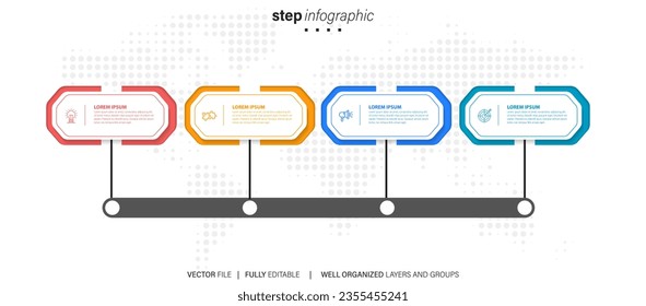 Vector infographic template with 3D paper label, integrated button. Business concept with 4 options. For content, diagram, flowchart, steps, parts, timeline infographics, workflow, chart.
