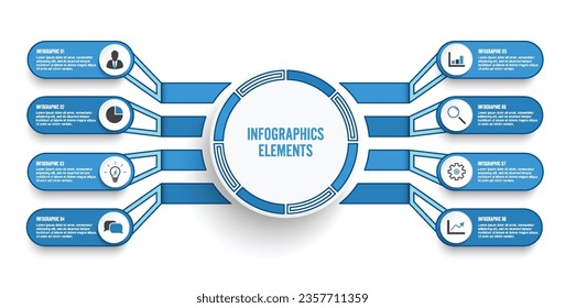 Vector infographic template with 3D paper label, integrated circles. Business concept with 8 options. For content, diagram, flowchart, steps, parts, timeline infographics, workflow, chart.