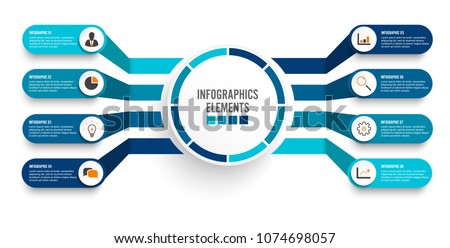 Vector infographic template with 3D paper label, integrated circles. Business concept with 8 options. For content, diagram, flowchart, steps, parts, timeline infographics, workflow, chart.