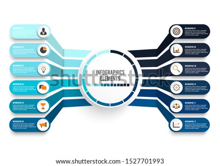 Vector infographic template with 3D paper label, integrated circles. Business concept with 12 options. For content, diagram, flowchart, steps, parts, timeline infographics, workflow, chart.