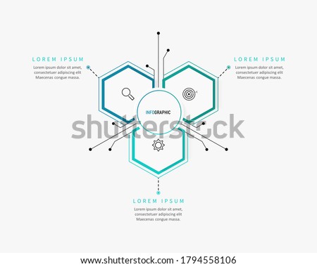 Vector infographic template with 3D paper label, integrated hexagon. Business concept with 3 options. For content, diagram, flowchart, steps, parts, timeline infographics, workflow, chart.