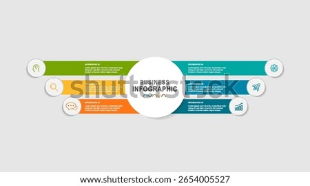 Vector infographic template with 3D paper label, integrated circles. Business concept with 6 options. For content, diagram, flowchart, steps, parts, timeline infographics, workflow, chart.