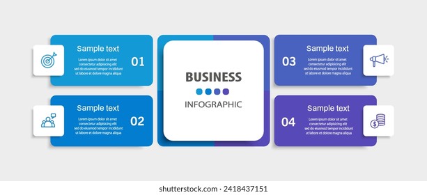 Plantilla de infografía vectorial con 4 pasos para el negocio. Se puede utilizar para diseño de flujo de trabajo, presentaciones, diagrama, informe anual, diseño web