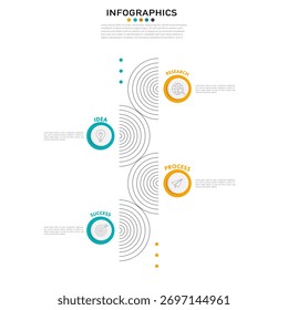 Vector infographic template for a 4-step business process, workflow, or timeline with icons for idea, research, process, and success.