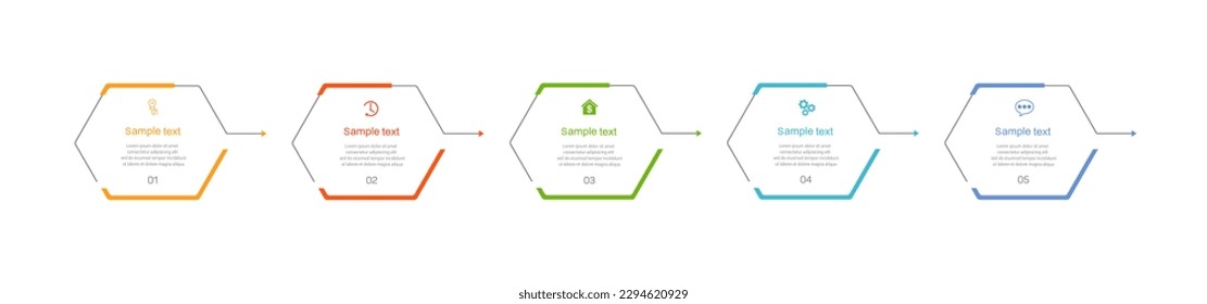 Plantilla de infografía vectorial con 5 opciones o pasos. Se puede utilizar para diseño de flujo de trabajo, diagrama, informe anual, diseño web