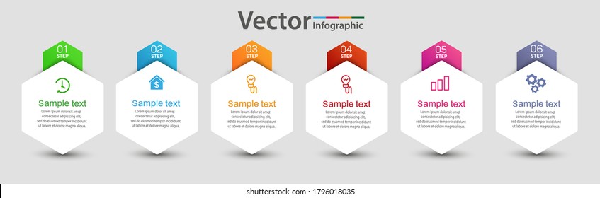 Vector infographic template with 6 options, workflow, process chart. Can be used for workflow layout, diagram, annual report, web design, steps or processes 