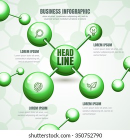 Vector infographic template. Abstract background with green molecule illustration. Concept for science, ecology, biotechnology, chemical industry. Design for banner, brochure, presentation, flyer.
