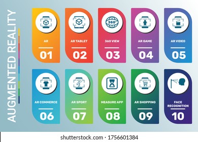 Vector Infographic template Ar data visualization. 10 step options in different colors. Can be used for process diagram, presentations, workflow layout, banner, flow chart, info graph with AR icons.