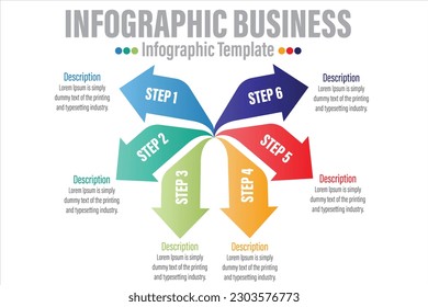 Vector infographic template Arrows for six paper label, diagram, graph, presentation. Business concept with 6 options. Blank space for content, step for step, timeline, workflow, marketing, web