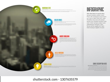 Vector Infographic template with big photo placeholder, icons and color buttons. Business company overview profile.