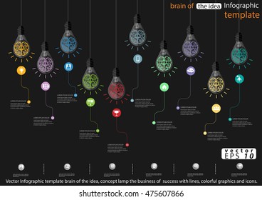 Vector Infographic template brain of the idea, concept lamp the business of  success with lines, colorful graphics and icons.