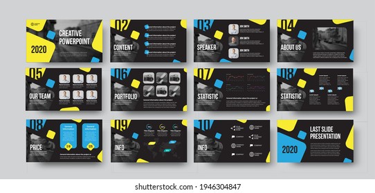 Vektor-Infografik-Vorlage mit hellem Design auf schwarzem Hintergrund, Präsentation von Broschüren mit Datenanalyse, Jahresbericht, Statistik. Broschüren zur Unternehmensidentität, Geschäftskonzept, Folie