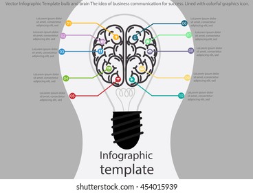 Vector infographic template bulb and brain the idea of business communication for success. lines with colorful graphics icon.