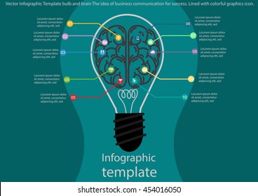Vector infographic template bulb and brain the idea of business communication for success. lines with colorful graphics icon.