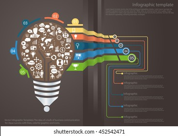 Vector Infographic template bulb of an idea of the business of communication for Aqua success with lines, colorful graphics and icons.