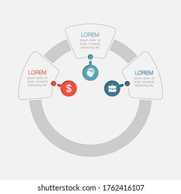 Plantilla de infografía vectorial para visualización de datos empresariales, presentación de procesos. Gráfica abstracta, diagrama con 3 pasos, opciones, partes.