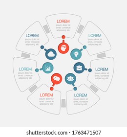 Vector infographic template for business data visualization, process presentation. Abstract graph, diagram with 7 steps, options, parts.