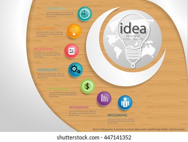 Vector Infographic template business ideas with a world map, bulbs, colorful circles.